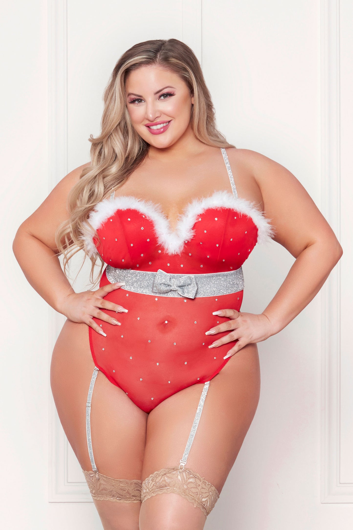 Rhinestone Studded Mesh Teddy With Marabou Trim - X-Large - Red STM-11470REDXL
