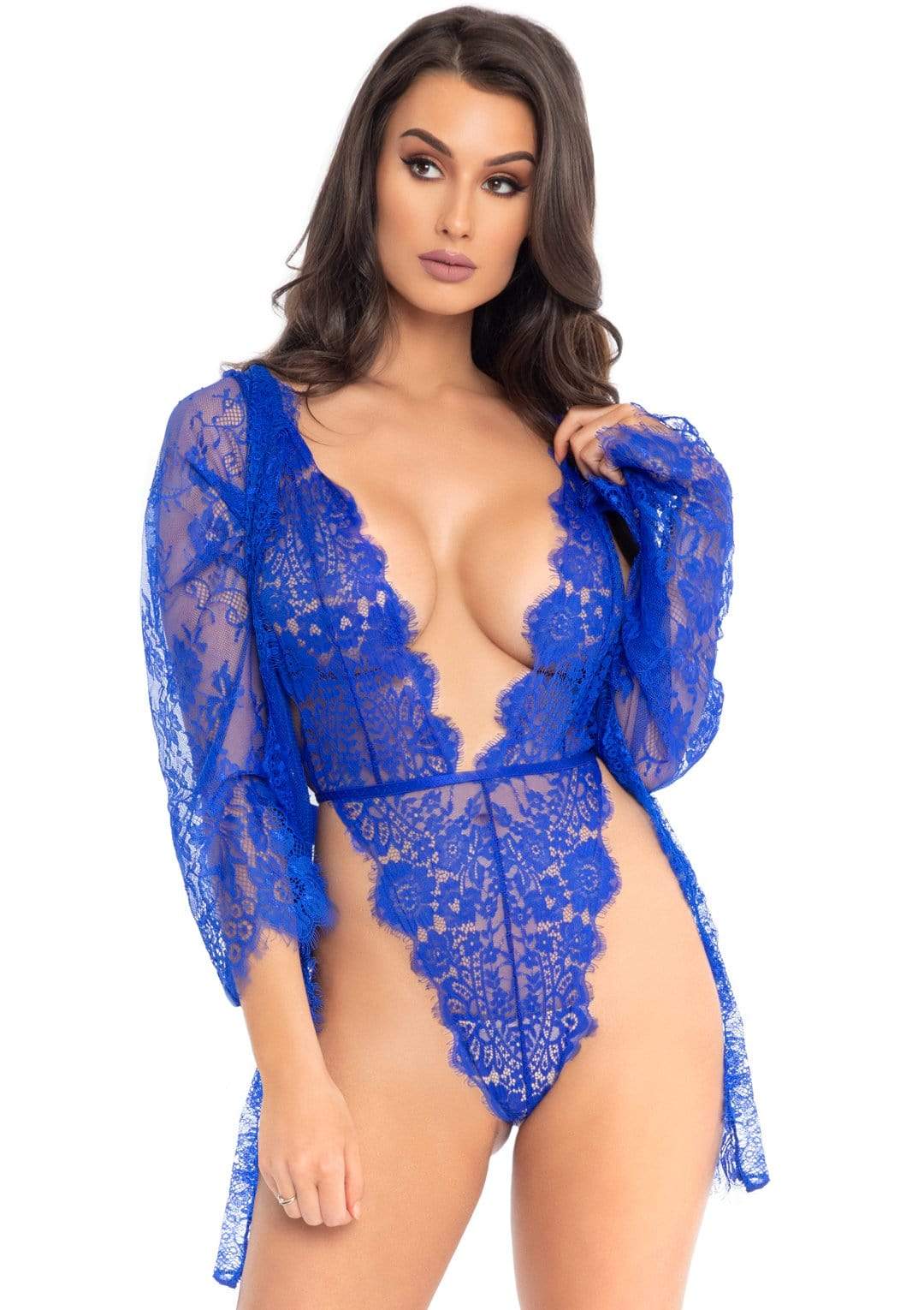 3pc Lace Teddy and Robe Set - Medium - Royal Blue LA-86112RYLBLUM