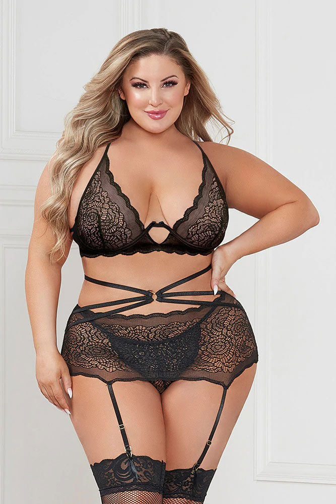 Three Piece Floral Lace Bra, Skirt, and G-String Set - Queen - Black STM-11424XPBKQ